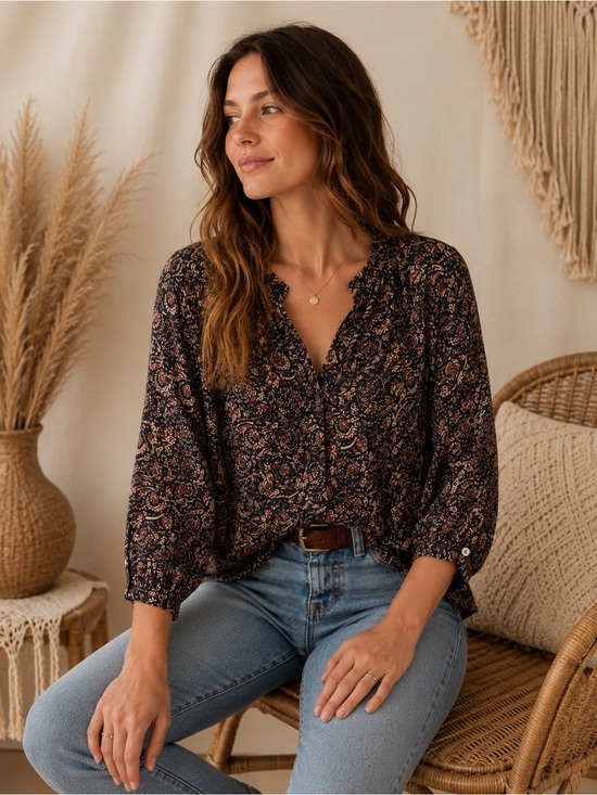 Faherty Tops - Faherty Portia Blouse Small Boho Floral Print V-Neck Artisan Block Print Top